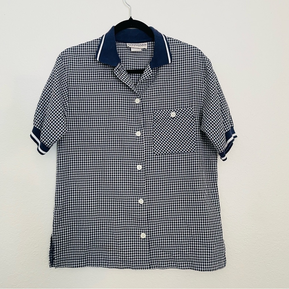 DonnKenny Classics woman gingham navy top size 10 medium button-down vintage